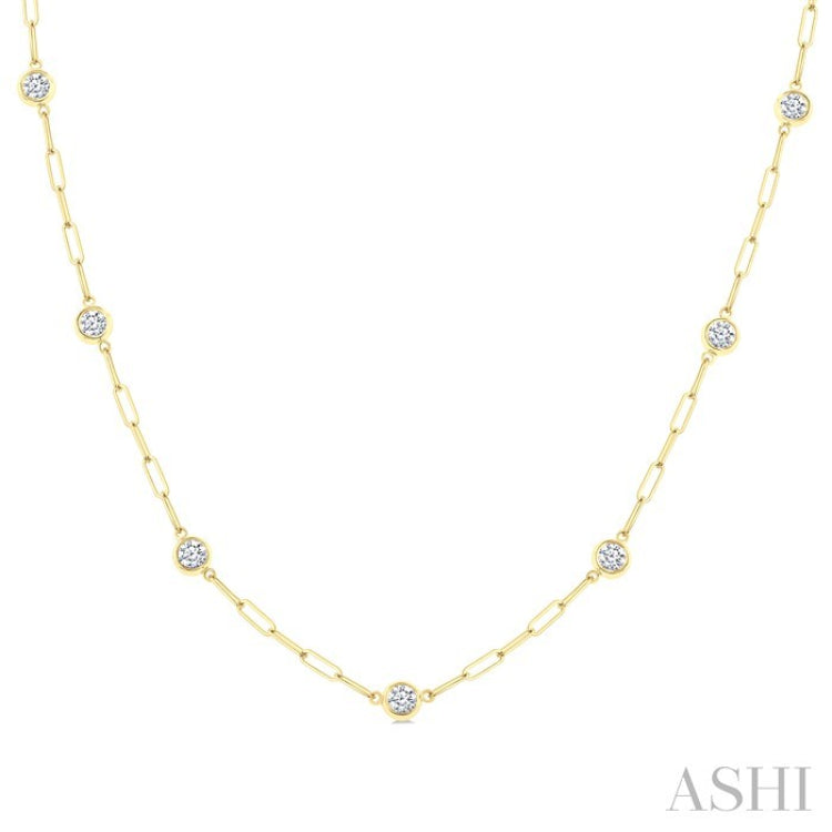 1 Ctw Bezel Set Round Cut Diamond Paperclip Station Necklace in 14K Yellow Gold