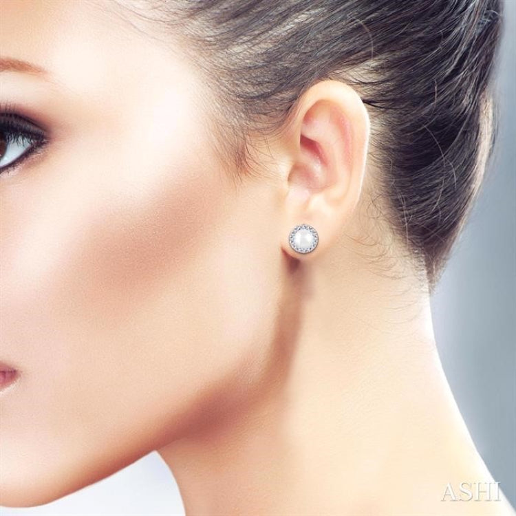 4.5 MM White Cultured Pearl and 1/8 Ctw Round Cut Diamond Halo Stud Earrings in 10K White Gold
