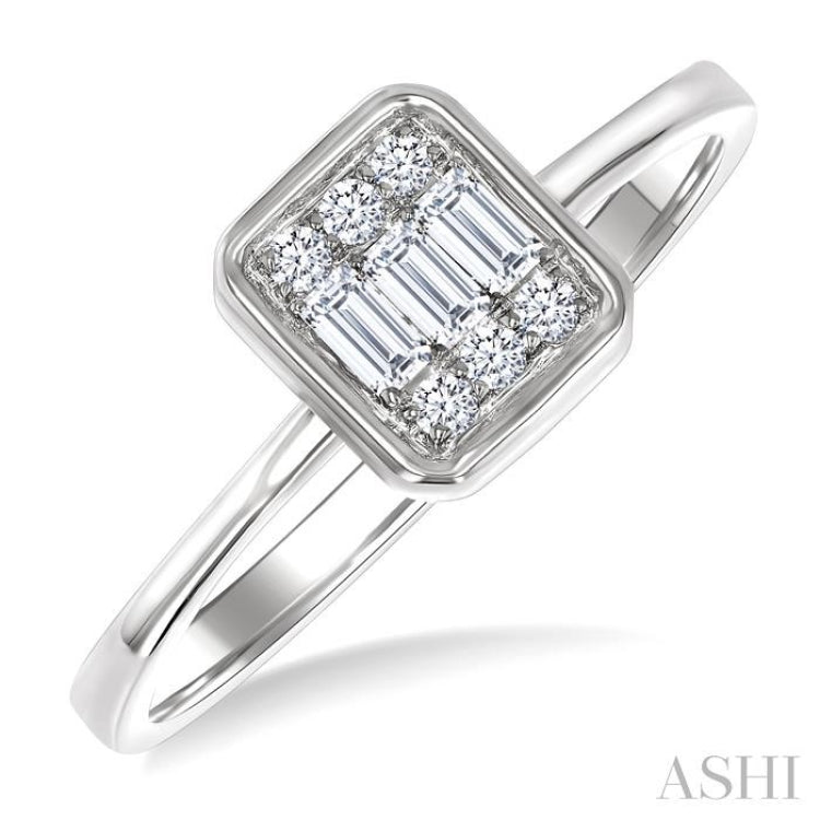 1/6 Ctw Petite Bezel Set Emerald Shape Fusion Baguette and Round Cut Diamond Fashion Ring in 10K White Gold