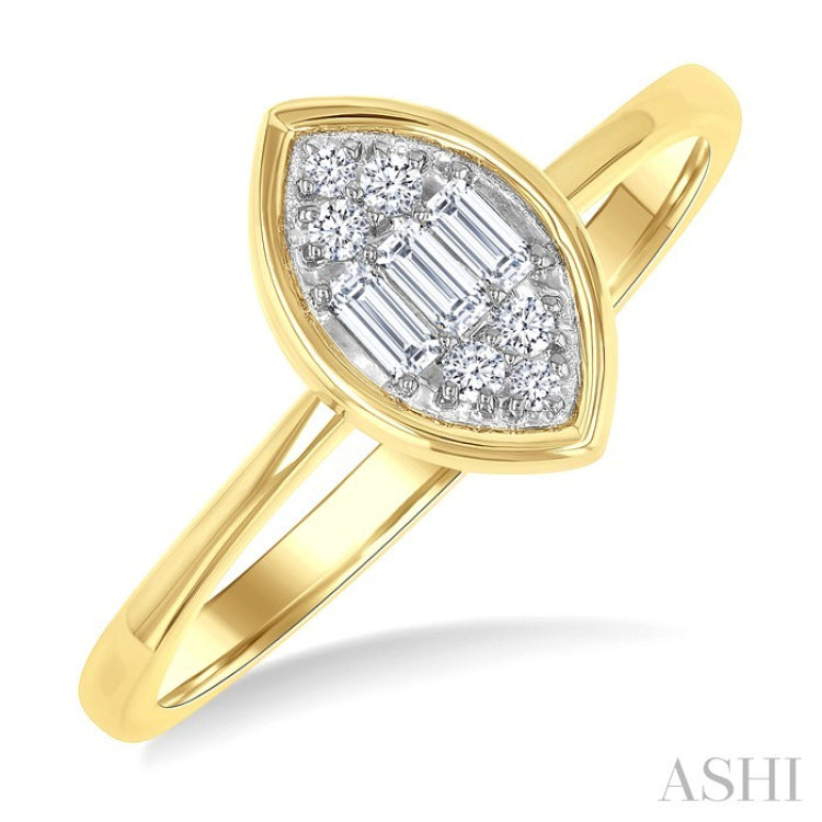 1/6 Ctw Petite Bezel Set Marquise Shape Fusion Baguette and Round Cut Diamond Fashion Ring in 10K Yellow Gold