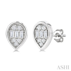 1/5 Ctw Petite Bezel Set Pear Shape Fusion Baguette and Round Cut Diamond Fashion Stud Earrings in 10K White Gold