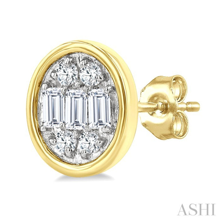 1/5 Ctw Petite Bezel Set Oval Shape Fusion Baguette and Round Cut Diamond Fashion Stud Earrings in 10K Yellow Gold