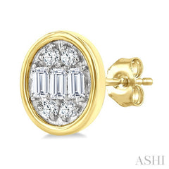 1/5 Ctw Petite Bezel Set Oval Shape Fusion Baguette and Round Cut Diamond Fashion Stud Earrings in 10K Yellow Gold