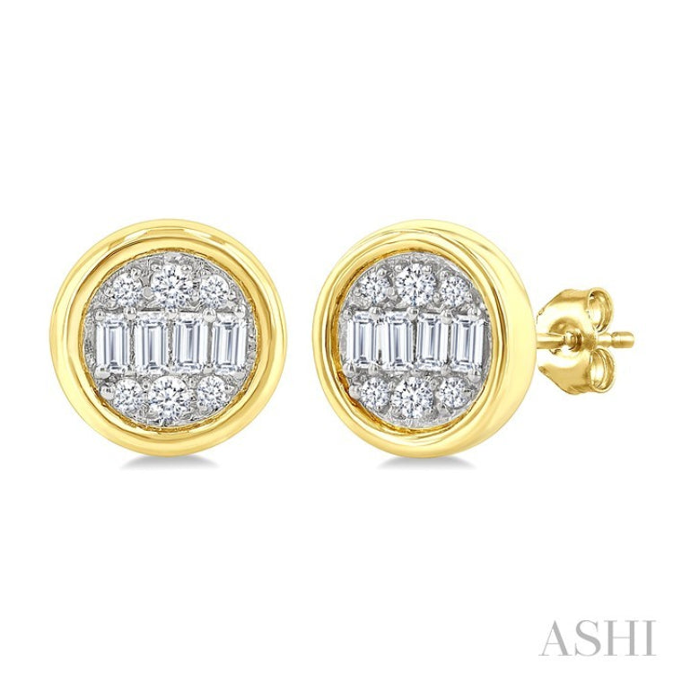 1/5 Ctw Petite Bezel Set Round Shape Fusion Baguette and Round Cut Diamond Fashion Stud Earrings in 10K Yellow Gold
