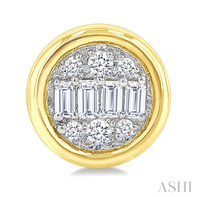 1/5 Ctw Petite Bezel Set Round Shape Fusion Baguette and Round Cut Diamond Fashion Stud Earrings in 10K Yellow Gold