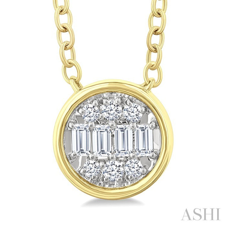 1/6 Ctw Petite Bezel Set Round Shape Fusion Baguette and Round Cut Diamond Fashion Pendant With Chain in 10K Yellow Gold