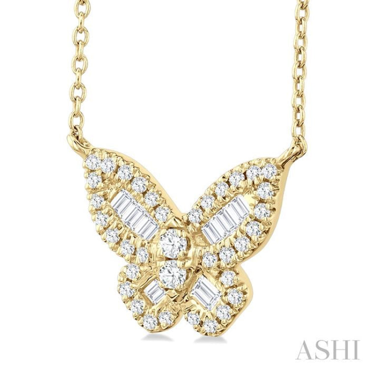 1/3 Ctw Petite Butterfly Baguette and Round Cut Diamond Fashion Pendant With Chain in 14K Yellow Gold