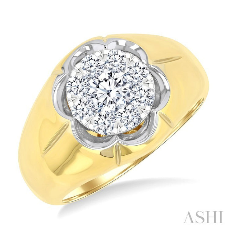 1 Ctw Floral Center Lovebright Round Cut Diamond Men's Ring in 10K Yellow and White Gold