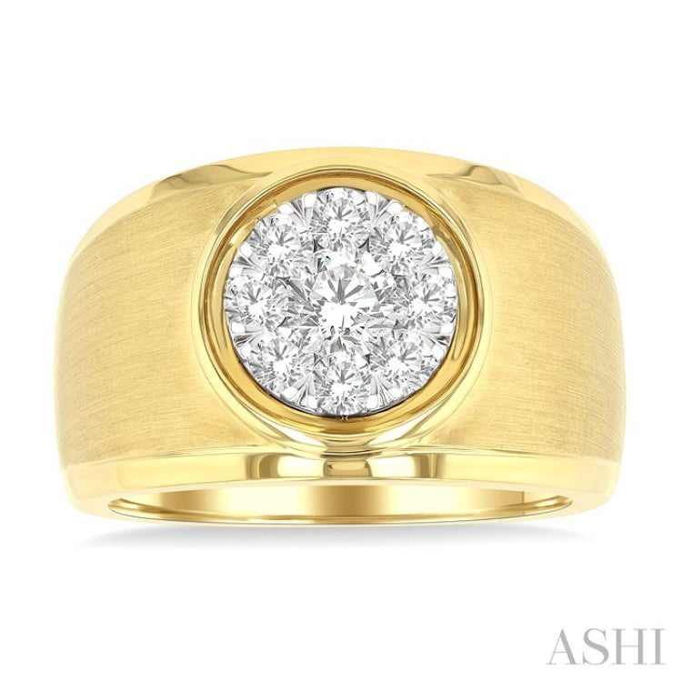 1 Ctw Circular Wide Shank Lovebright Round Cut Diamond Men's Ring in 10K Yellow and White Gold