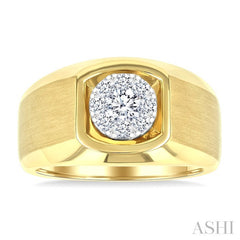 1/2 Ctw Basin Nestled Circular Mount Lovebright Round Cut Diamond Men's Ring in 10K Yellow and White Gold
