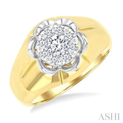 3/4 Ctw Floral Center Lovebright Round Cut Diamond Men's Ring in 10K Yellow and White Gold