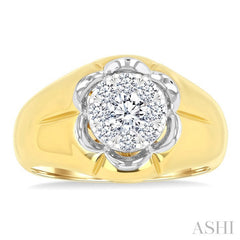 3/4 Ctw Floral Center Lovebright Round Cut Diamond Men's Ring in 10K Yellow and White Gold