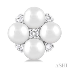 3 MM Floral Round Shape Cultured Pearl and 1/20 Ctw Round Cut Diamond Fashion Stud Earring in 10K White Gold