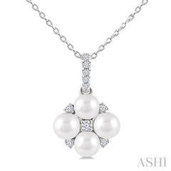 4 MM Floral Round Shape Cultured Pearl and 1/10 Ctw Round Cut Diamond Fashion Pendant With Chain in 10K White Gold