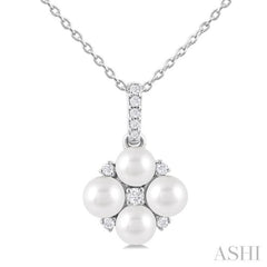 4 MM Floral Round Shape Cultured Pearl and 1/10 Ctw Round Cut Diamond Fashion Pendant With Chain in 10K White Gold
