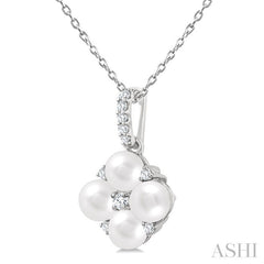 4 MM Floral Round Shape Cultured Pearl and 1/10 Ctw Round Cut Diamond Fashion Pendant With Chain in 10K White Gold
