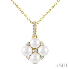 4 MM Floral Round Shape Cultured Pearl and 1/10 Ctw Round Cut Diamond Fashion Pendant With Chain in 10K Yellow Gold