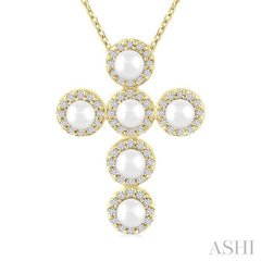 4 MM Round Shape Cultured Pearl and 1/4 Ctw Round Cut Diamond Cross Pendant With Chain in 14K Yellow Gold