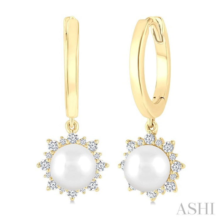 5.5 MM Round Shape Cultured Pearls and 1/5 Ctw Petite Round Cut Diamond Fashion Huggies in 10K Yellow Gold