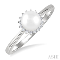 6 MM Round Shape Cultured Pearl and 1/10 Ctw Petite Round Cut Diamond Floral Halo Fashion Ring in 10K White Gold