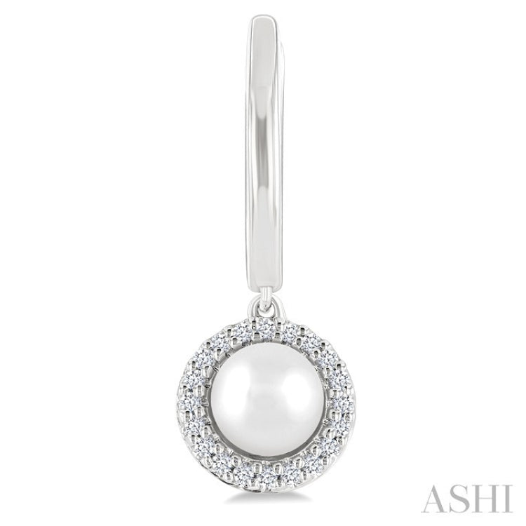 5.5 MM Round Shape Cultured Pearl and 1/8 Ctw Petite Round Cut Diamond Halo Fashion Huggies in 10K White Gold