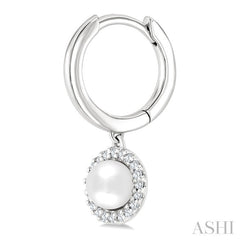 5.5 MM Round Shape Cultured Pearl and 1/8 Ctw Petite Round Cut Diamond Halo Fashion Huggies in 10K White Gold