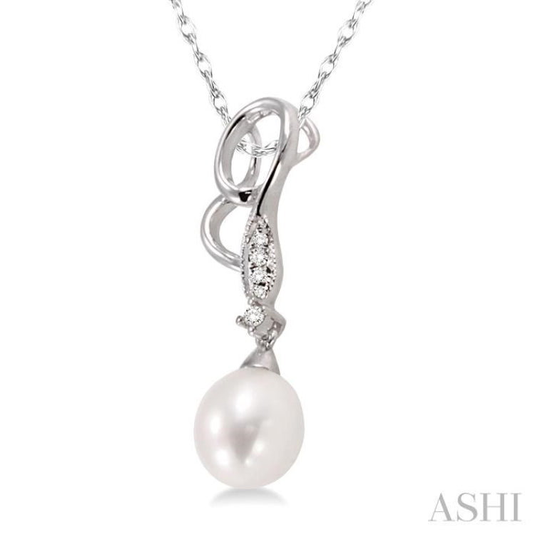 9x7 MM Briolette Cut Cultured Pearl and 1/20 Ctw Round Cut Diamond Drop Pendant in 10K White Gold with Chain