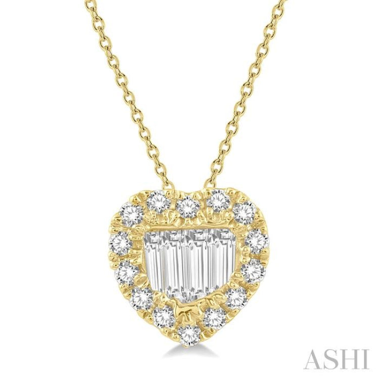 1/5 Ctw Heart Shape Baguette Center & Round Cut Diamond Pendant With Chain in 14K Yellow Gold