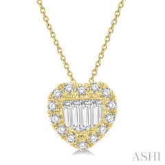 1/5 Ctw Heart Shape Baguette Center & Round Cut Diamond Pendant With Chain in 14K Yellow Gold