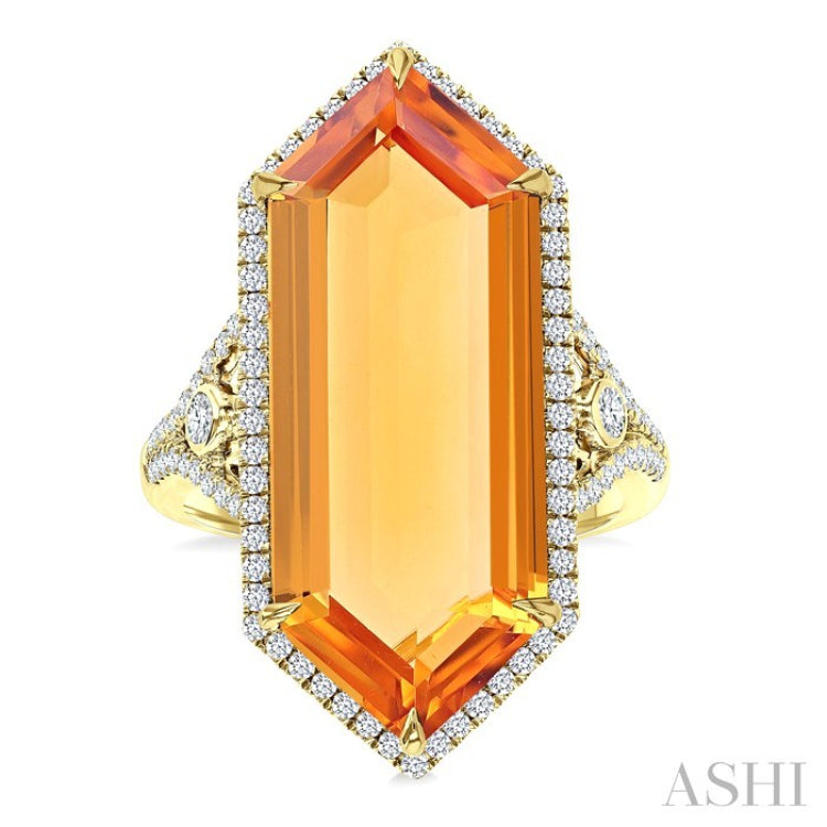 26X10 MM Evoque Gemstone Hexagon Shape Citrine and 1/2 Ctw Round Cut Diamond Halo Semi-Precious Ring in 14K Yellow Gold