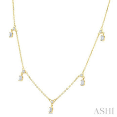5/8 Ctw Dangle Emerald and Round Cut Diamond Station Necklace in 14K Yellow Gold