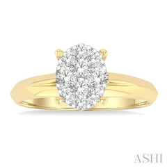 1/2 Ctw Knife Edge Shank Oval Shaped Lovebright Round Cut Diamond Ring in 14K Yellow and White Gold