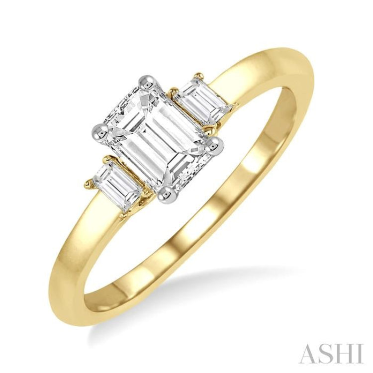 3/8 Ctw Octagonal and Baguette Diamond Ladies Engagement Ring with 1/3 Ct Emerald cut Center Stone in 14K Yellow and White Gold