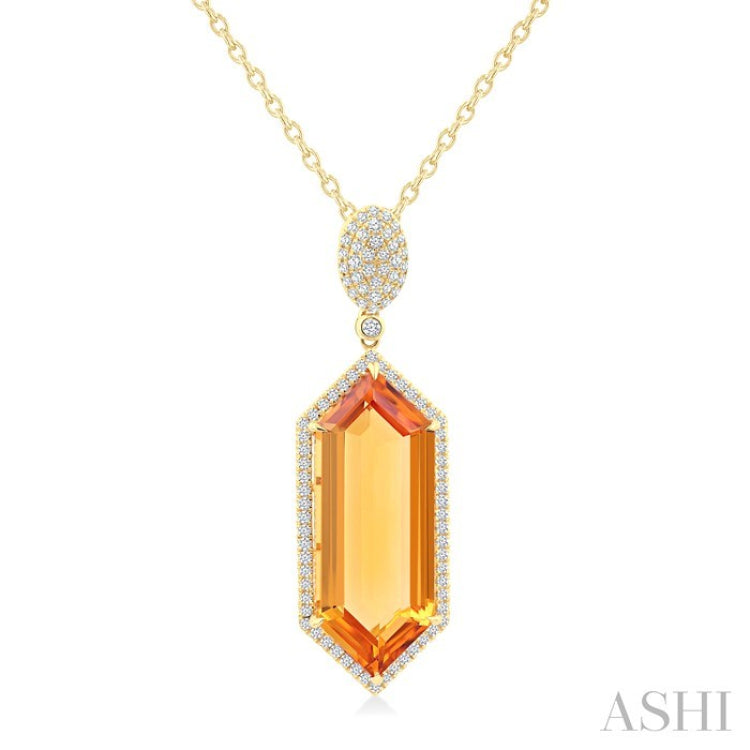 26x10 MM Hexagon Shape Citrine and 1/2 Ctw Round Cut Diamond Halo Semi-Precious Pendant With Chain in 14K Yellow Gold