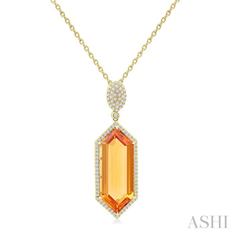 26X10 MM Evoque Gemstone Hexagon Shape Citrine and 1/2 Ctw Round Cut Diamond Halo Semi-Precious Pendant With Chain in 14K Yellow Gold