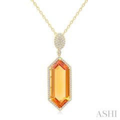 26x10 MM Hexagon Shape Citrine and 1/2 Ctw Round Cut Diamond Halo Semi-Precious Pendant With Chain in 14K Yellow Gold