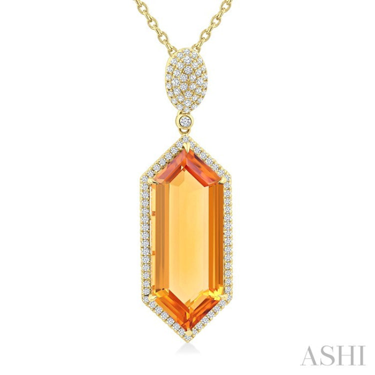 26X10 MM Evoque Gemstone Hexagon Shape Citrine and 1/2 Ctw Round Cut Diamond Halo Semi-Precious Pendant With Chain in 14K Yellow Gold