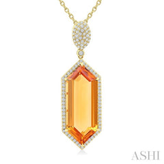 26X10 MM Evoque Gemstone Hexagon Shape Citrine and 1/2 Ctw Round Cut Diamond Halo Semi-Precious Pendant With Chain in 14K Yellow Gold