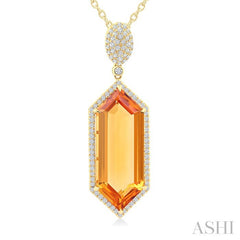 26x10 MM Hexagon Shape Citrine and 1/2 Ctw Round Cut Diamond Halo Semi-Precious Pendant With Chain in 14K Yellow Gold