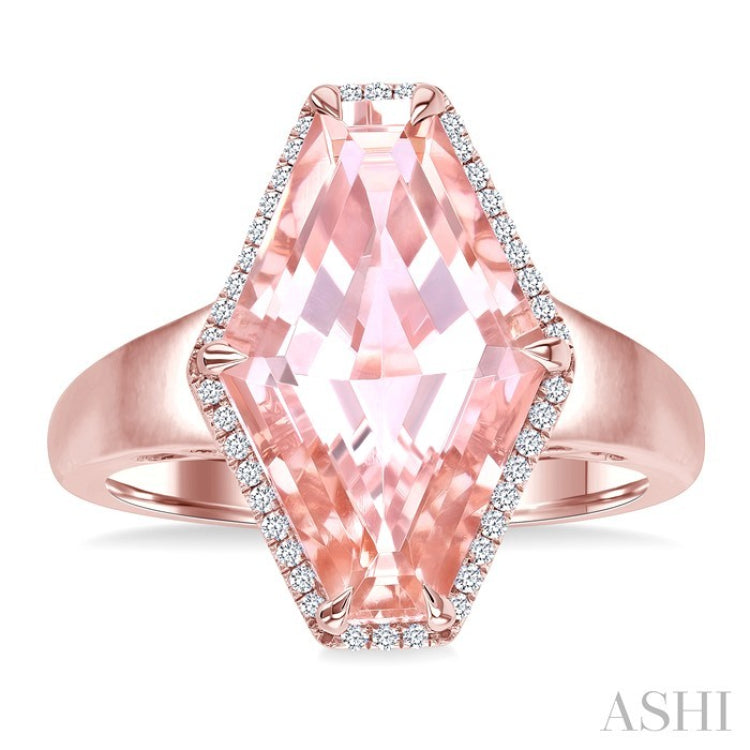 16X10 MM Evoque Gemstones Hexagon Shape Morganite and 1/10 Ctw Round Cut Diamond Halo Semi-Precious Ring in 14K Rose Gold