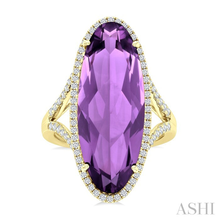 26X10 MM Evoque Gemstones Oval Shape Amethyst and 1/2 Ctw Round Cut Diamond Halo Semi-Precious Ring in 14K Yellow Gold