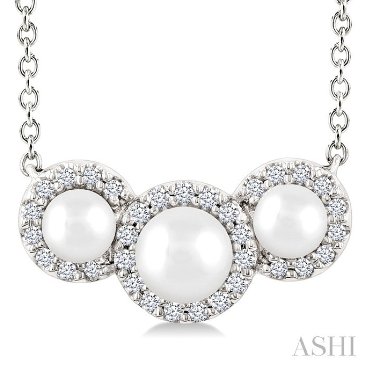 1/8 Ctw Past, Present & Future 4MM & 3MM Cultured Pearl and Round Cut Diamond Halo Pendant With Chain in 14K White Gold