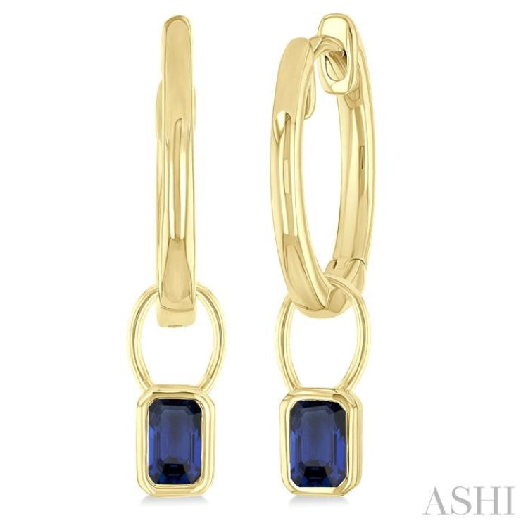 5x3 MM Bezel Set Emerald Cut Sapphire Precious Fashion Huggie Earrings in 14K Yellow Gold