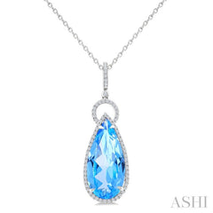 22X10 MM Evoque Gemstones Pear Shape Blue Topaz and 1/3 Ctw Round Cut Diamond Halo Semi-Precious Pendant With Chain in 14K White Gold