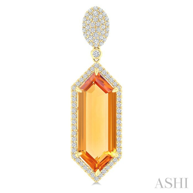 22x8 MM Hexagon Shape Citrine and 7/8 Ctw Round Cut Diamond Halo Semi-Precious Earrings in 14K Yellow Gold