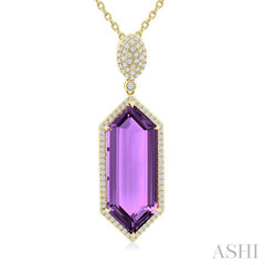 26X10 MM Evoque Gemstones Hexagon Shape Amethyst and 1/2 Ctw Round Cut Diamond Halo Semi-Precious Pendant With Chain in 14K Yellow Gold
