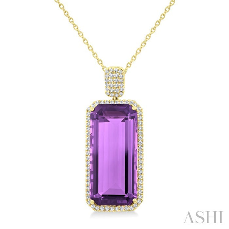 26X12 MM Evoque Gemstones Emerald Shape Amethyst and 1/2 Ctw Round Cut Diamond Halo Semi-Precious Pendant With Chain in 14K Yellow Gold