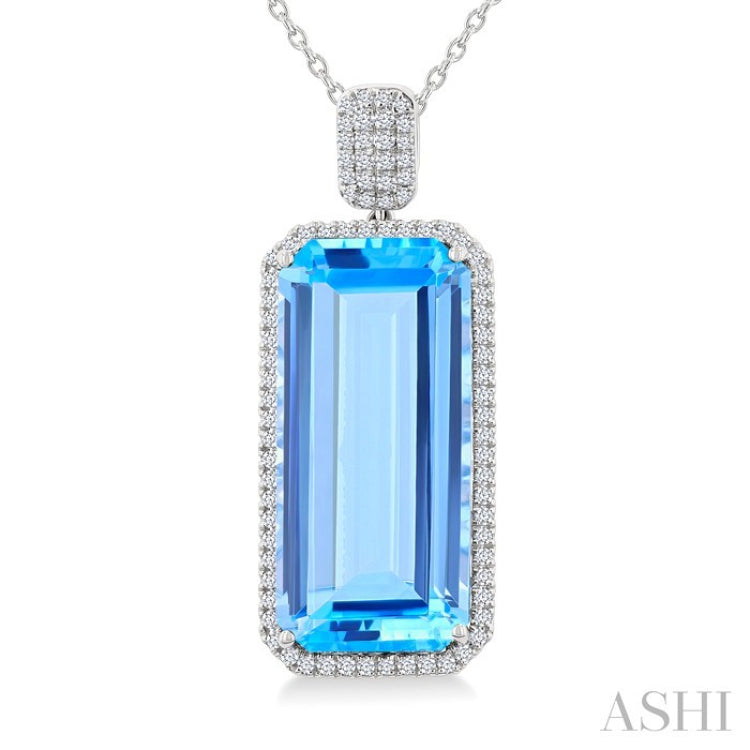 26X12 MM Evoque Gemstones Emerald Shape Blue Topaz and 1/2 Ctw Round Cut Diamond Halo Semi-Precious Pendant With Chain in 14K White Gold