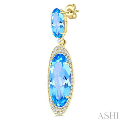 18X8 MM Evoque Gemstones & 10x5 MM Oval Shape Blue Topaz and 3/4 Ctw Round Cut Diamond Halo Semi-Precious Earrings in 14K Yellow Gold