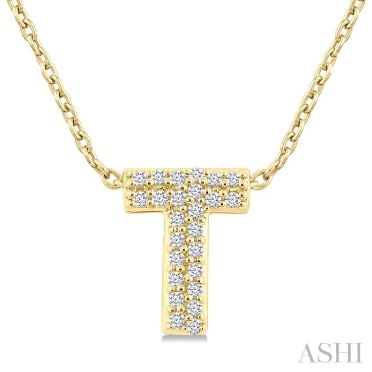 1/10 Ctw Initial 'T' Round Cut Diamond Fashion Pendant With Chain in 10K Yellow Gold